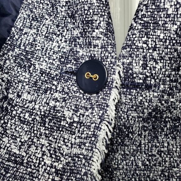 Talbots Petites Blue White Boucle Tweed Fringe Blazer Size 12 - Picture 9 of 12